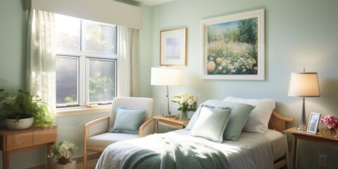 captured view of cancer survivors serene bedroom with restful colors, soft lighting, and framed photos of her journey perfect embodiment of resilience and hope.