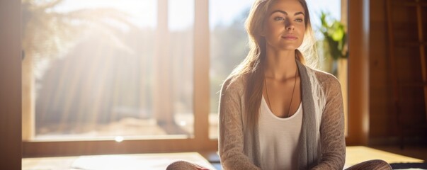 young woman looking serene while meditating in quiet, sunny room, emphasizing the role of stress management and mental wellbeing in reducing the risk of cancer. - obrazy, fototapety, plakaty