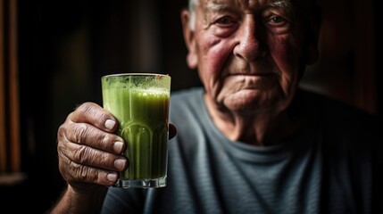 elderly man, survivor of cancer, holds glass of fresh, green smoothie, daily staple in his new nutritional regimen. His wrinkles and age spots are testament to his battles, with his newfound