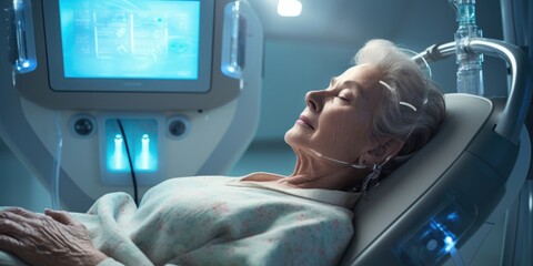 heartrendering capture of an older woman, her face filled with mix of determination and apprehension, as she prepares for radiation therapy session. The cancer diagnosis has clearly not