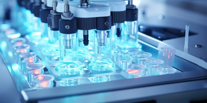 Closeup Shot Of An Automated Liquid Handling Robot In Medical Lab, Processing Samples To Detect Specific Biomarkers For Early Cancer Identification. The Precision And Efficiency Of The