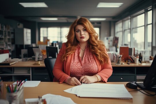 Office worker, beautiful woman at workplace. Plus-size manager