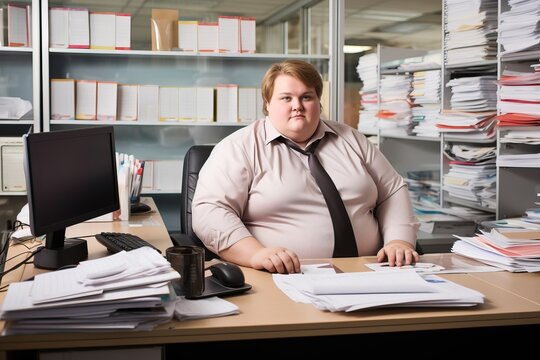 Office worker, beautiful man at workplace. Plus-size manager