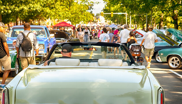 Driving a classic car through a vintage automotive exhibition. 