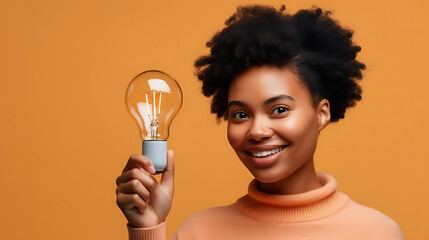 woman holding a light bulb, black woman holding an idea light bulb, creativity, generative ai