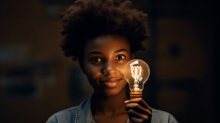 woman holding a light bulb, black woman holding an idea light bulb, creativity, generative ai