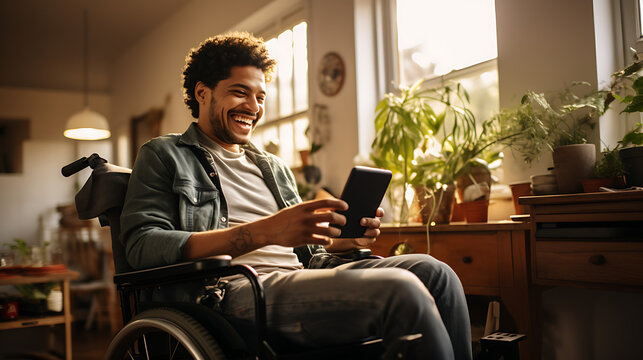 accessibility, wheelchair user using tablet, wheelchair user working, generative ai