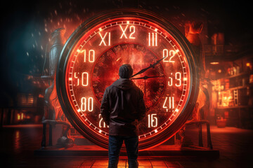 A person documents a New Year's Eve countdown where a vintage clock meets a modern digital display, symbolizing the transition from old to new. Generative Ai.