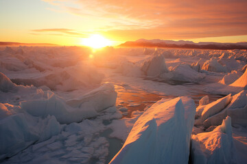 Aerial view of glacier under the reddish light of the sun at dawn. Nature's serene and grand beauty snow in the spotlight. Pristine glacier in the ocean.