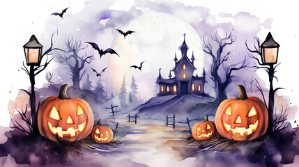 Fototapeta premium Halloween landscapes illustrated in watercolor. Illustrations of spooky Halloween landscapes with pumpkins, bats, haunted houses...