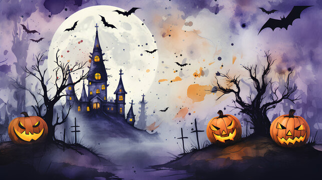 Halloween landscapes illustrated in watercolor. Illustrations of spooky Halloween landscapes with pumpkins, bats, haunted houses...