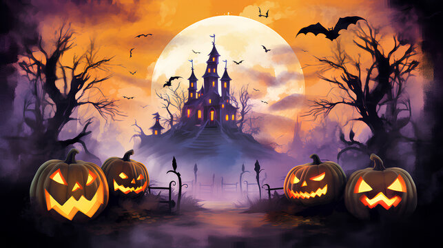 Halloween landscapes illustrated in watercolor. Illustrations of spooky Halloween landscapes with pumpkins, bats, haunted houses...