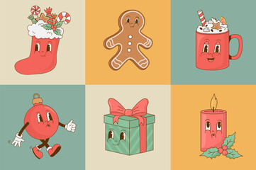 Set of retro cartoon Christmas funny characters. Gingerbread, coffee cup, ball, giftbox, candle  mascot. Vintage drink vector illustration. Nostalgia 60s, 70s, 80s