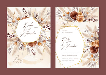 Brown and orange peony and poppy modern wedding invitation rustic boho watercolor template with floral and flower