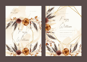 Red and orange peony modern wedding invitation rustic boho watercolor template with floral and flower