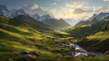 Fototapeta premium twilight arrives, the mountain landscape enchants the eyes.