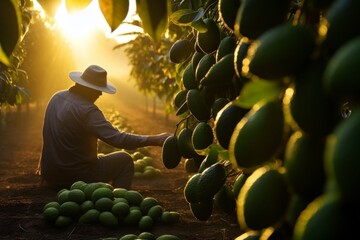 Farmer, gardener picking green avocados from leafy fruit trees in a large fruit farm - obrazy, fototapety, plakaty