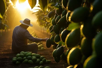 Foto op Plexiglas Farmer, gardener picking green avocados from leafy fruit trees in a large fruit farm © Hunman