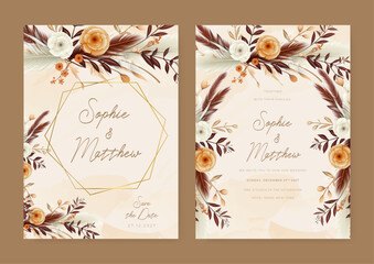 Orange and white poppy modern wedding invitation rustic boho watercolor template with floral and flower