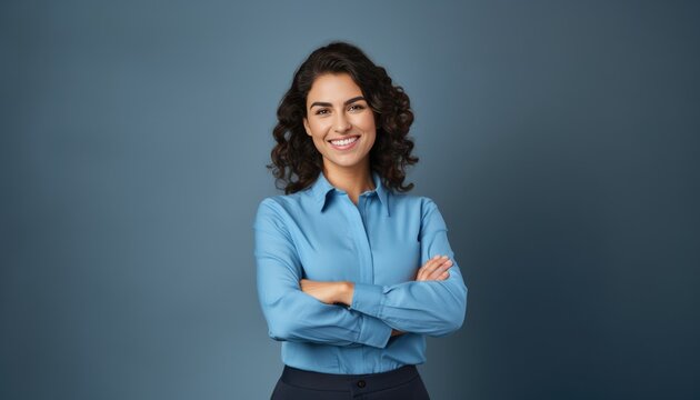 Happy young smiling confident professional business woman wearing blue shirt, pretty stylish female executive looking at camera, standing arms crossed isolated at gray background, 