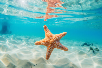 Fototapeta na wymiar Close up of a big star fish under water in blue ocean waters