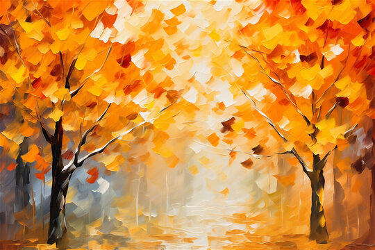 Oil painting landscape - autumn forest, orange leaves