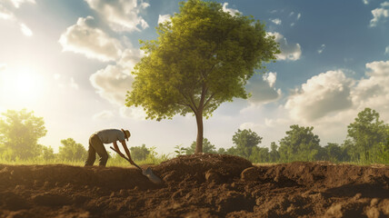 This image showcases a farmer actively involved in tree planting in the field, symbolizing agriculture.