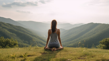 Meditating in the lotus position, a young woman embraces tranquility atop a mountain during the sunset.