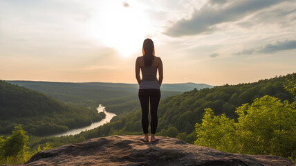 Young woman standing on the edge of a cliff and enjoying the view at sunset.