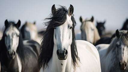 Photo of a single white horse among black horses.