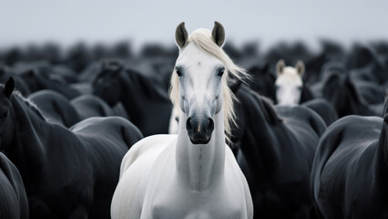 Photo of a single white horse among black horses. - Powered by Adobe