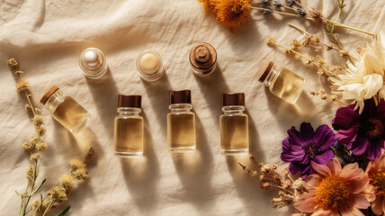 Aromatic essential oils encased in glass bottles adorned with dried flowers against a beige backdrop.