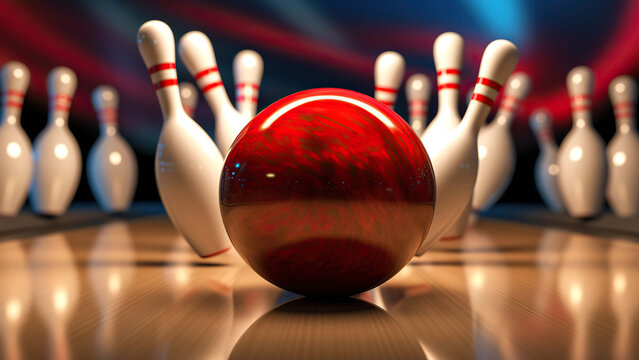 Picture of bowling ball hitting pins scoring a strike. Bowling background.