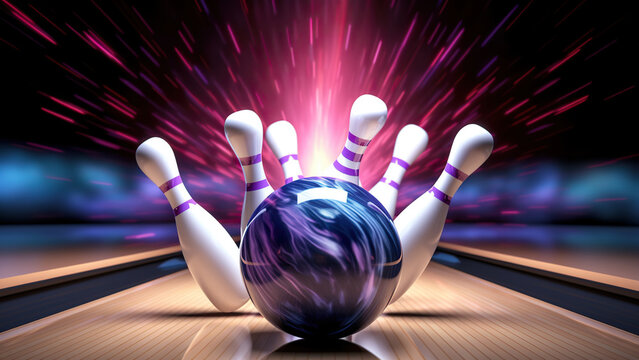 Picture of bowling ball hitting pins scoring a strike. Bowling background.