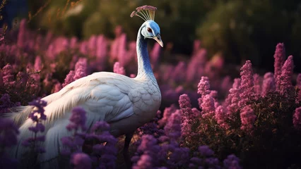  White peacock in purple flowers. Peacock in lavender field. © Gary