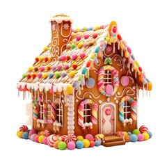 a gingerbread house decorated with candy isolated on a transparent background, generative ai