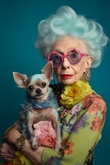 Studio Photo Portrait, Granny with her dog, Eccentric Grandma, Elderly woman with wild fashion, kooky woman, grey haired woman with dog, old age, company, best friends, pet friend