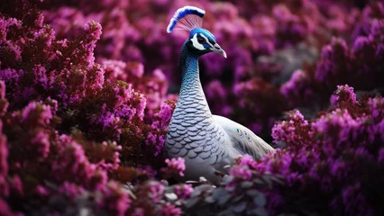 Foto auf Acrylglas White peacock in purple flowers. Peacock in lavender field. © Gary