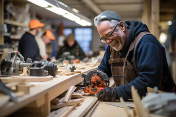 A community workshop offers woodworking tools and space for residents to engage in DIY projects, encouraging skill-sharing and creativity. Generative Ai.