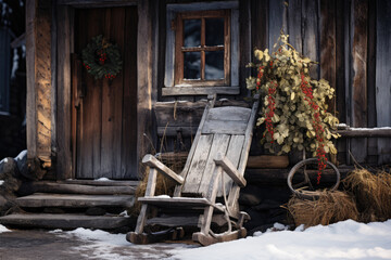 The texture of a worn wooden sled is showcased as it rests against a vintage cabin, invoking a sense of nostalgia and wintery charm. Generative Ai.