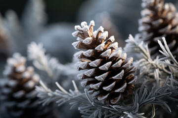 Naklejka na ściany i meble The texture of a frosted pinecone is captured in detail, showcasing the intricate and delicate patterns that winter brings to nature. Generative Ai.
