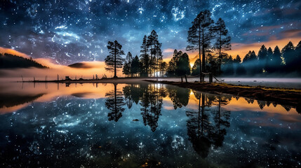 Fantastic starry night over the lake with stars reflecting in the water