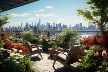 A communal rooftop garden provides a serene space for residents to relax, socialize, and enjoy the beauty of nature within their urban environment. Generative Ai.