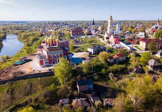 Panoramic aerial view of district of Belev on riverside, Tula region, Russia