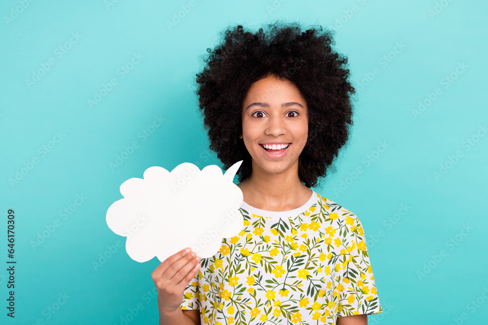 Poster Photo of small girl wear print plants t shirt amazed speech bubble cloud novelty unbelievable news isolated on blue color background