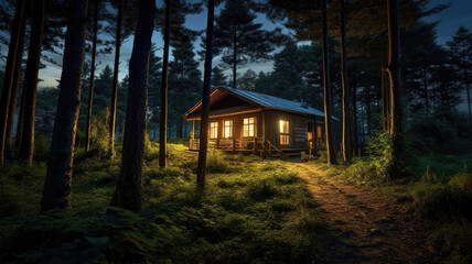 Fototapeta na wymiar During the night, a cabin rests peacefully in the forest.
