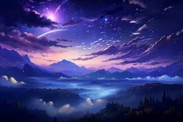 Enchanting Night Majestic Mountain Range under a Purple Starry Sky