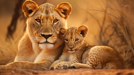 Predator´s love. Lioness and cub in the Kruger NP, South Africa : Generative AI - obrazy, fototapety, plakaty