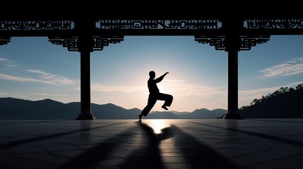 Silhouette of a man practicing tai chi at golden hour