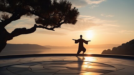 Silhouette of a man practicing tai chi at golden hour - obrazy, fototapety, plakaty